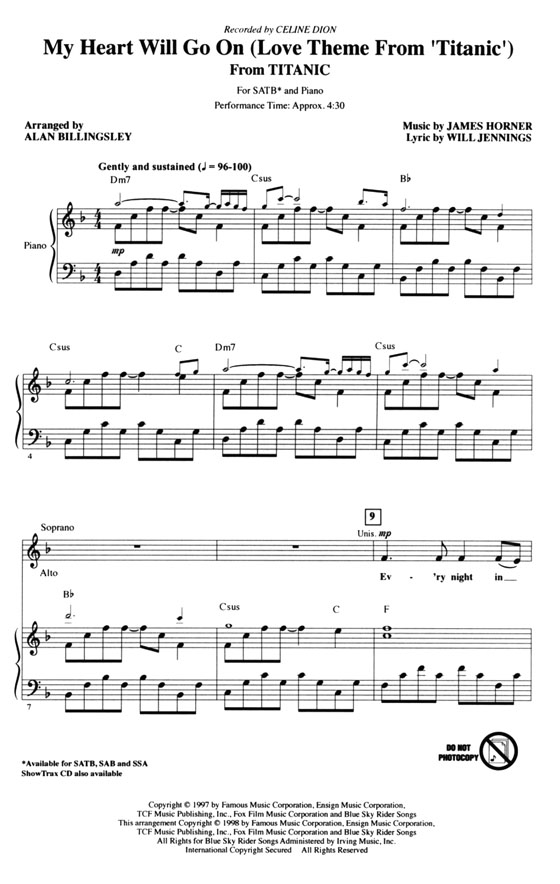 My Heart Will Go On (Love Theme From Titanic) SATB My Heart Will Go On (Love Theme From Titanic) SATB