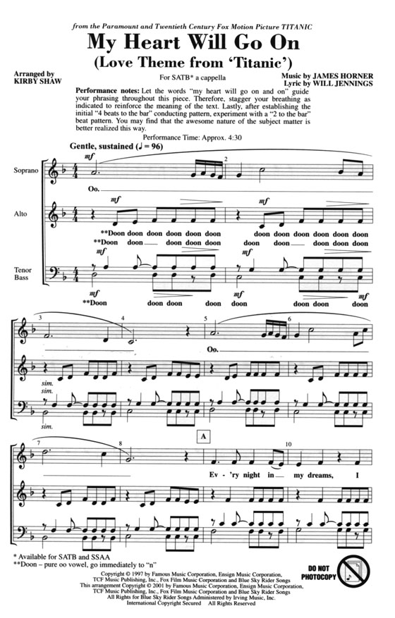 My Heart Will Go On (Love Theme From Titanic) SATB a cappella My Heart Will Go On (Love Theme From Titanic) SATB a cappella