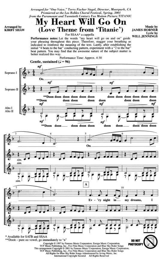 My Heart Will Go On (Love Theme From Titanic) SSAA a cappella My Heart Will Go On (Love Theme From Titanic) SSAA a cappella