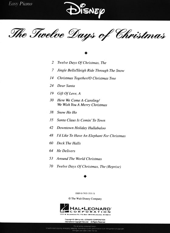 Disney‧The Twelve Days of Christmas for Easy Piano