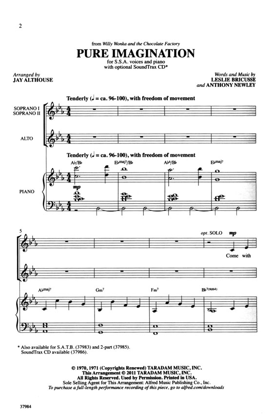 Pure Imagination (from Willy Wonka and the Chocolate Factory) SSA with Piano Pure Imagination (from Willy Wonka and the Chocolate Factory) SSA with Piano