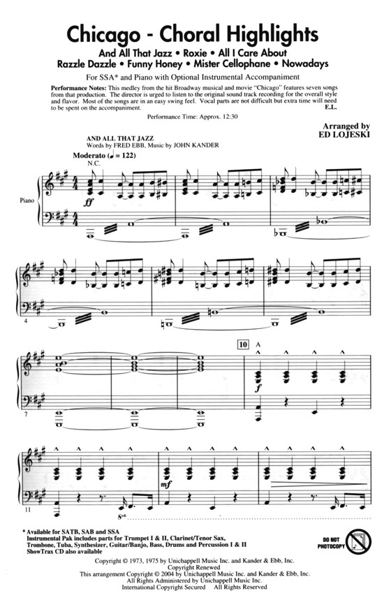 Chicago-Choral Highlights (Medley) SSA Chicago-Choral Highlights (Medley) SSA
