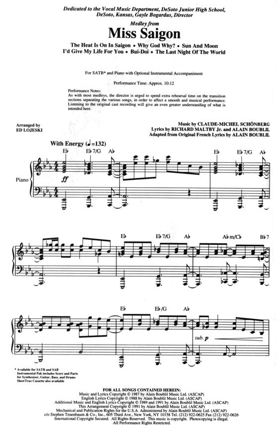 Medley from Miss Saigon SATB Medley from Miss Saigon SATB