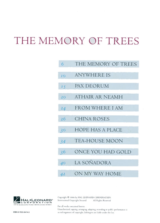 Enya【The Memory of Trees】Piano‧Vocal‧Guitar