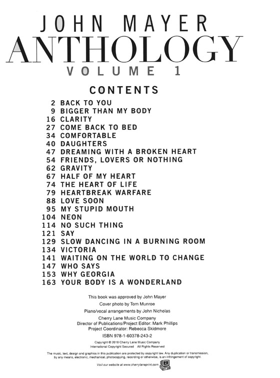 John Mayer【Anthology ,Volume 1】 Piano‧Vocal‧Guitar