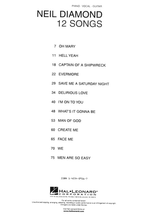Neil Diamond【12 Songs】Piano‧Vocal‧Guitar