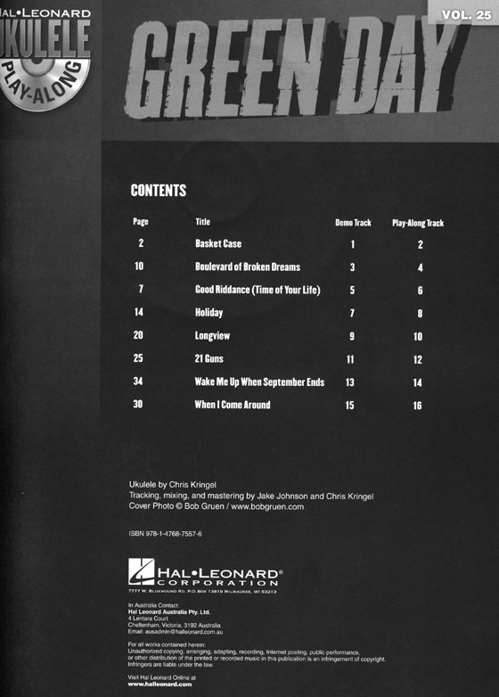 Green Day - Hal Leonard Ukulele Play-Along , Volume 25