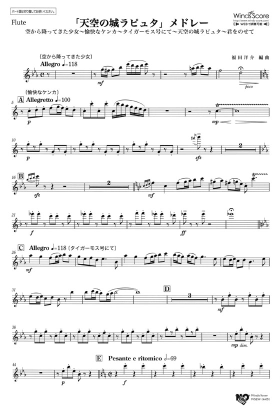 ウィンズスコアのアンサンブル楽譜 「天空の城ラピュタ」メドレー 木管5重奏【CD+樂譜】