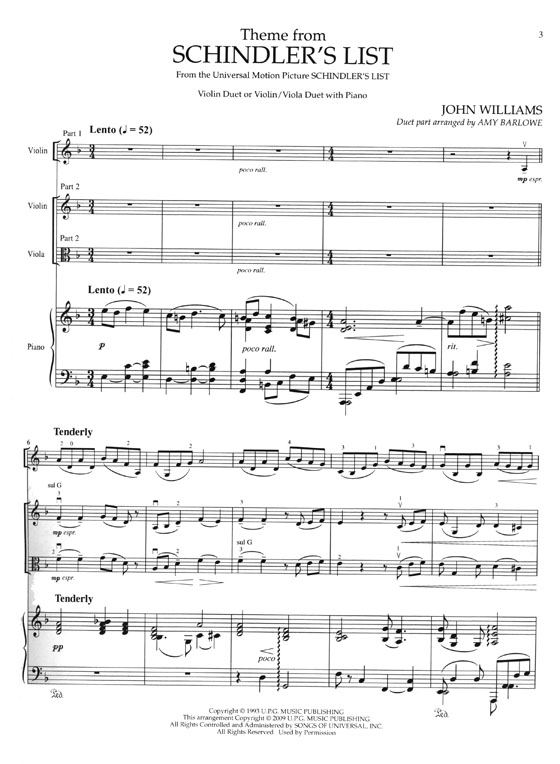 Theme from Schindler's List Violin Duet or Violin／Viola Duet with Piano