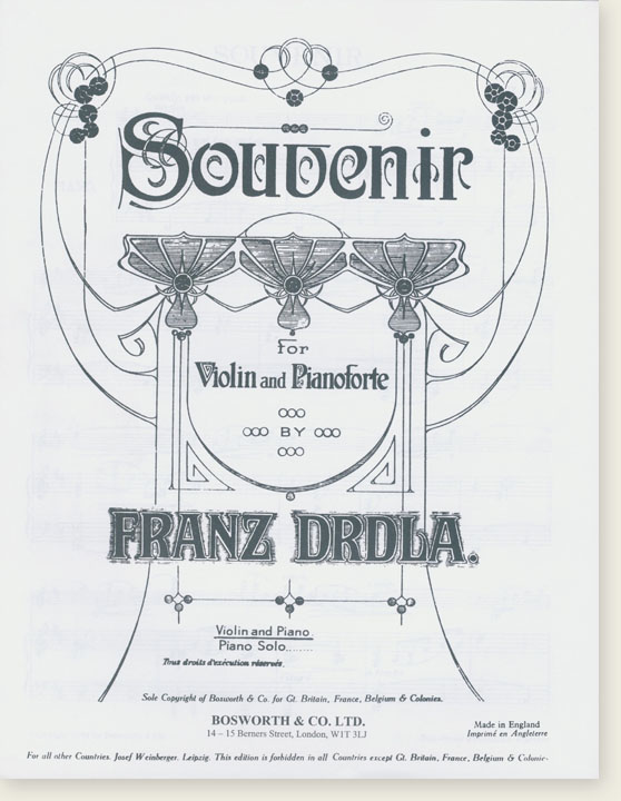 Franz Drdla Souvenir for Violin And Pianoforte