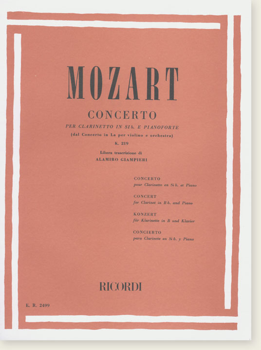 Mozart Concerto per Clarinetto in Sib. E Pianoforte (dal Concerto in La per Violino e Orchestra) K. 219 for Clarinet in B♭. and Piano