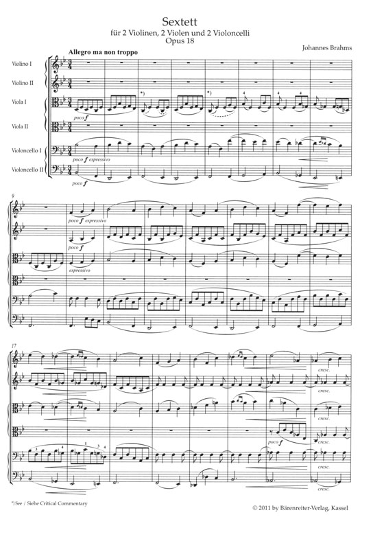 Brahms【Sextett in B】für 2 Violinen, 2 Violen und 2 Violoncelli , Opus 18