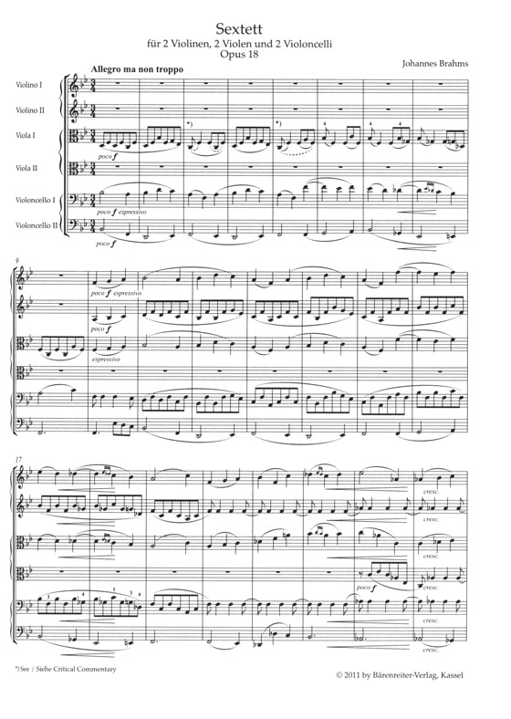 Brahms【Sextett in B】für 2 Violinen, 2 Violen und 2 Violoncelli , Opus 18 Brahms【Sextett in B】für 2 Violinen, 2 Violen und 2 Violoncelli , Opus 18