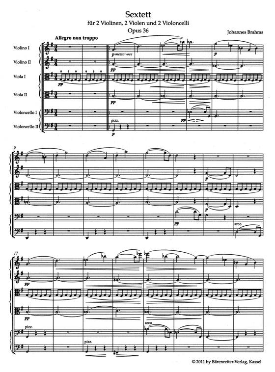 Brahms【Sextett in G】für 2 Violinen, 2 Violen und 2 Violoncelli , Opus 36