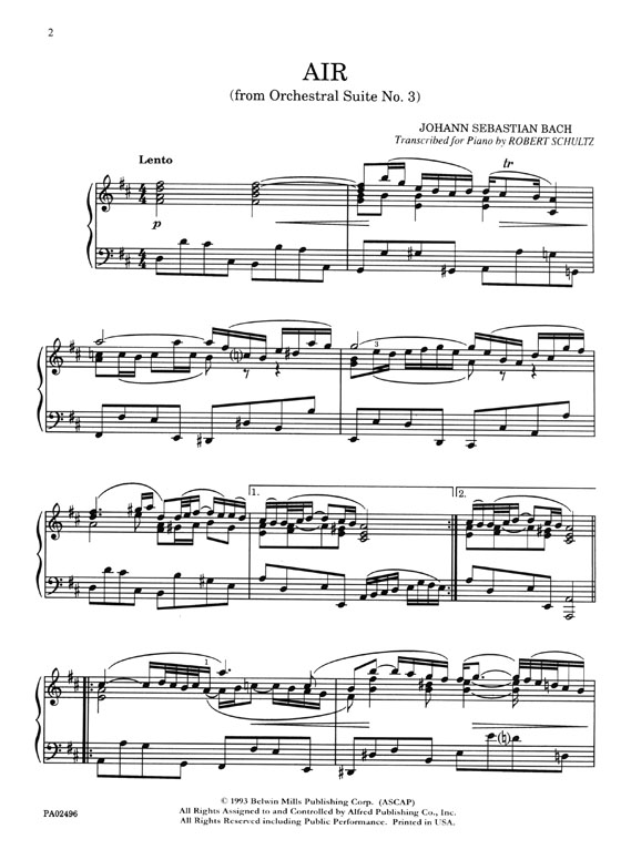 Johann Sebastian Bach Air from Orchestral Suite No. 3 Transcribed for Piano by Robert Schultz