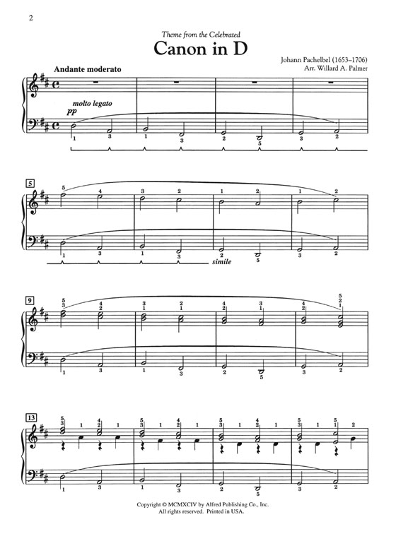 Pachelbel Canon in D Arranged for Piano Solo by Willard A. Palmer Intermediate