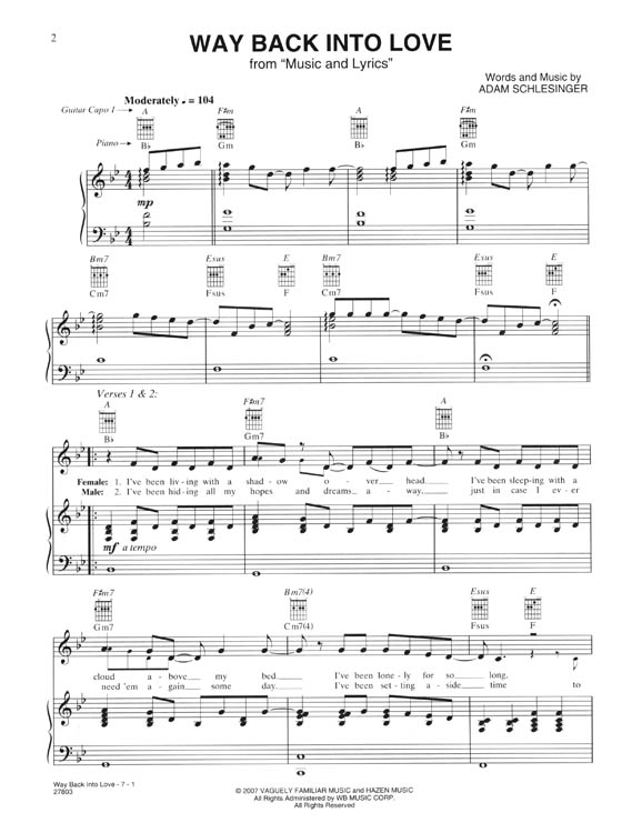 Way Back Into Love (from Music and Lyrics) Original Sheet Music Edition