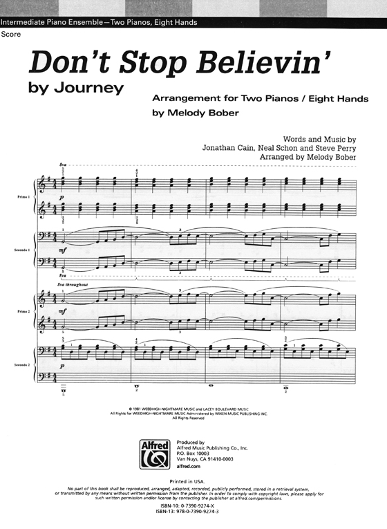 Journey Don't Stop Believin' Intermediate Piano Ensemble - Two Pianos, Eight Hands