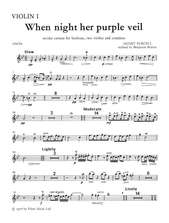 Henry Purcell When Night her Purple Veil Cantata for Baritone with Two Violins & Continuo