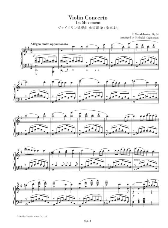 Mendelssohn Violin Concerto, e moll, Op. 64／メンデルスゾーン ヴァイオリン協奏曲 ホ短調 第1楽章より for Piano