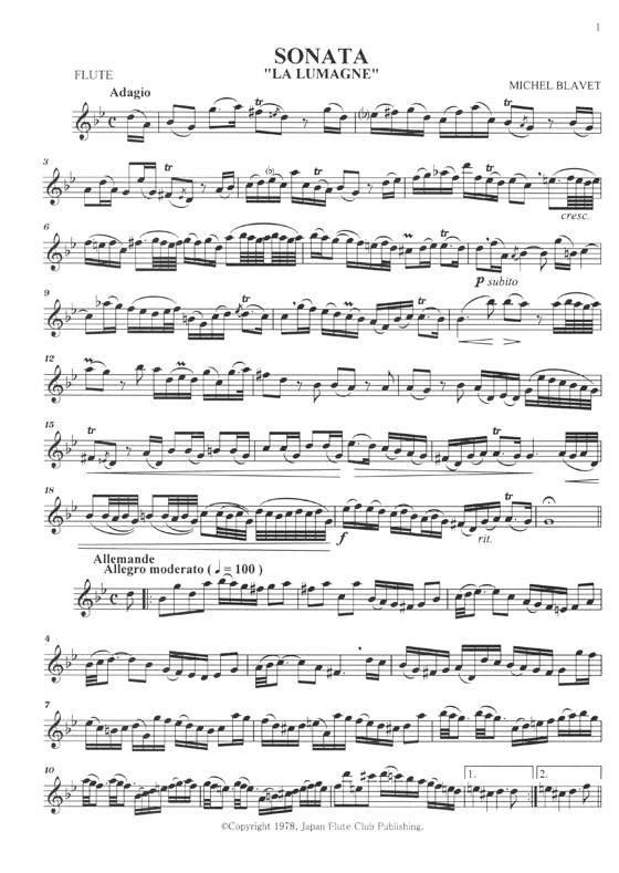 Michel Blavet Sonata La Lumagne Op. 2~4 for Flute and Piano