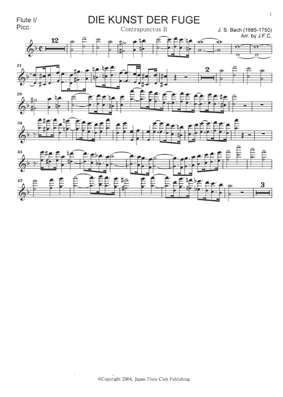 Joh. Seb. Bach Die Kunst der Fuge Contrapunctus Ⅱ for Four Flutes (Includes Alto or Bass Flute)