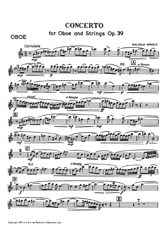 Malcolm Arnold Concerto for Oboe and Strings arrangement for Oboe & Piano Opus 39