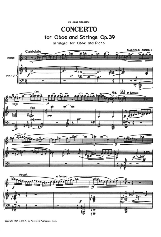 Malcolm Arnold Concerto for Oboe and Strings arrangement for Oboe & Piano Opus 39