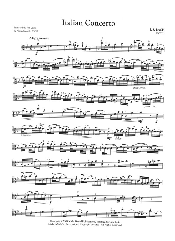 Italian Concerto by J.S. Bach Arranged for Viola & Piano by Alan Arnold