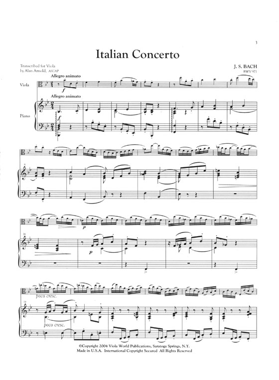 Italian Concerto by J.S. Bach Arranged for Viola & Piano by Alan Arnold