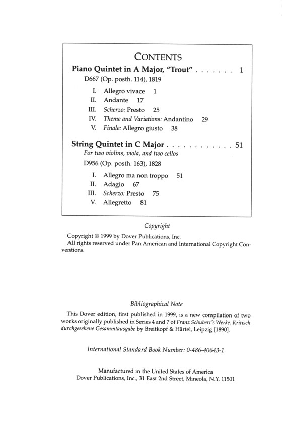 Schubert Piano Quintet in A Major, D667 "Trout", String Quintet in C Major, D956 Dover Miniature Scores Schubert Piano Quintet in A Major, D667 "Trout", String Quintet in C Major, D956 Dover Miniature Scores