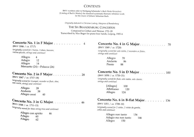 Johann Sebastian Bach Complete Brandenburg Concertos Transcribed for Piano Four Hands by Max Reger