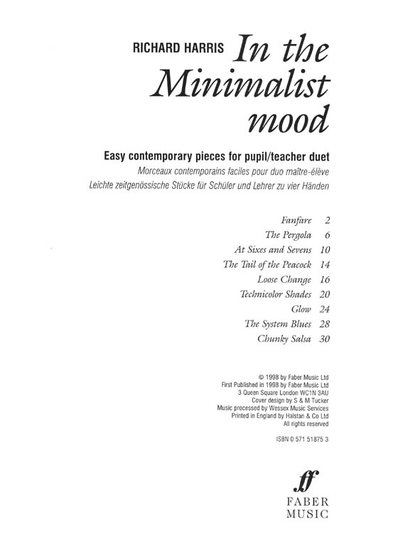 Richard Harrris: In The Minimalist Mood Easy Contemporary Pieces for Pupil／Teacher Duet