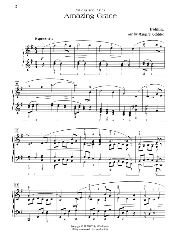 Amazing Grace Arranged for Piano by Margaret Goldston Late Intermediate