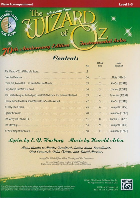 The Wizard of Oz Instrumental Solos for Piano Accompaniment 70th Anniversary Edition , Level 2-3
