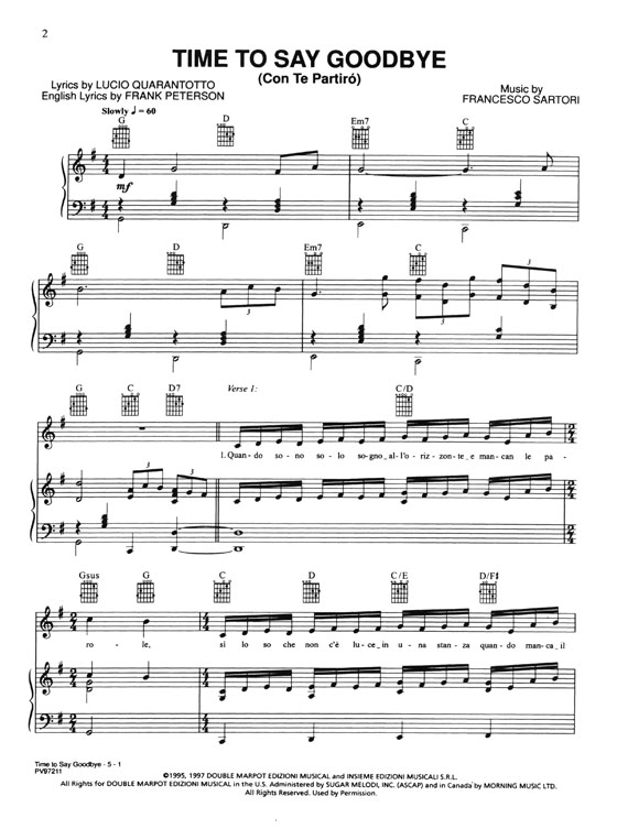 Andrea Bocelli Time to Say Goodbye (Con Te Partirò) Original Sheet Music Edition