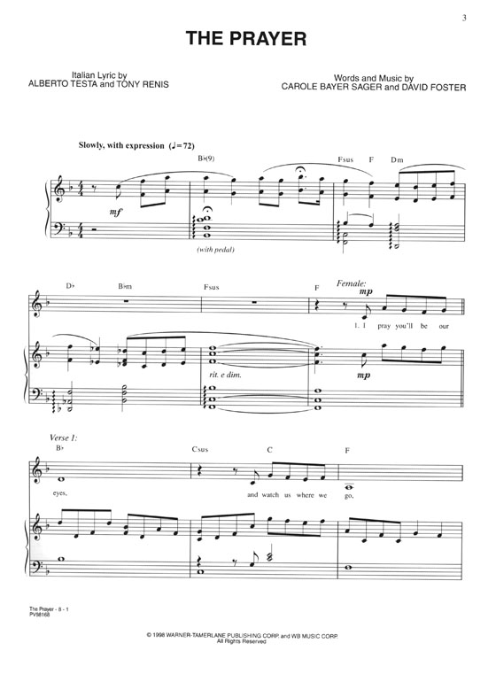 The Prayer Original Sheet Music Edition