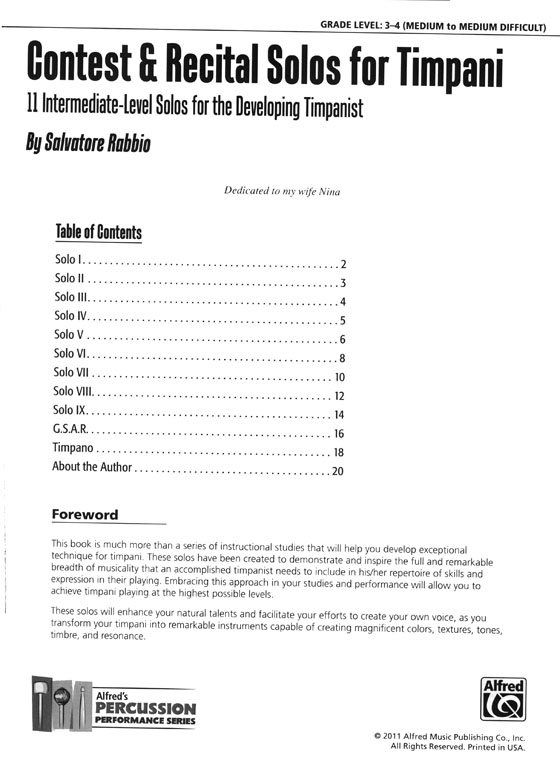 Contest & Recital Solos for Timpani 11 Intermediate-Level Solos for the Developing Timpanist By Salvatore Rabbio