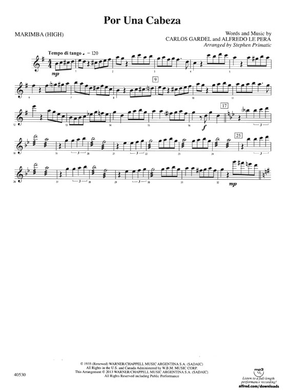 Por Una Cabeza Words and music by Carlos Gardel and Alfredo Le Pera Alfred's Pop Mallet Ensemble Series Por Una Cabeza Words and music by Carlos Gardel and Alfredo Le Pera Alfred's Pop Mallet Ensemble Series