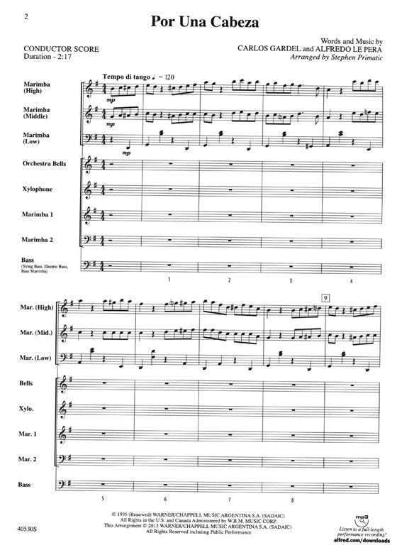 Por Una Cabeza Words and music by Carlos Gardel and Alfredo Le Pera Alfred's Pop Mallet Ensemble Series Por Una Cabeza Words and music by Carlos Gardel and Alfredo Le Pera Alfred's Pop Mallet Ensemble Series
