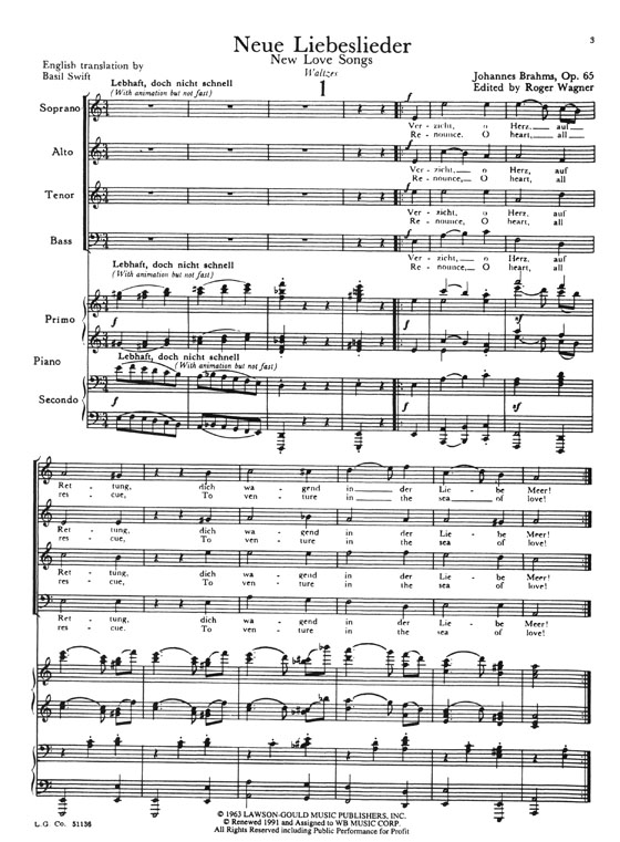 Johannes Brahms Neue Liebeslieder Op. 65 for Mixed Chorus with Soprano, Alto, Tenor and Bass Solos, Four-Hand Piano Accompaniment