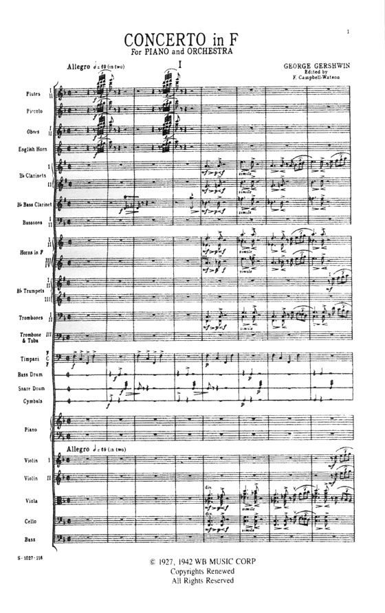 George Gershwin's Concerto in F for Piano and Qrchestra Full Miniature Score