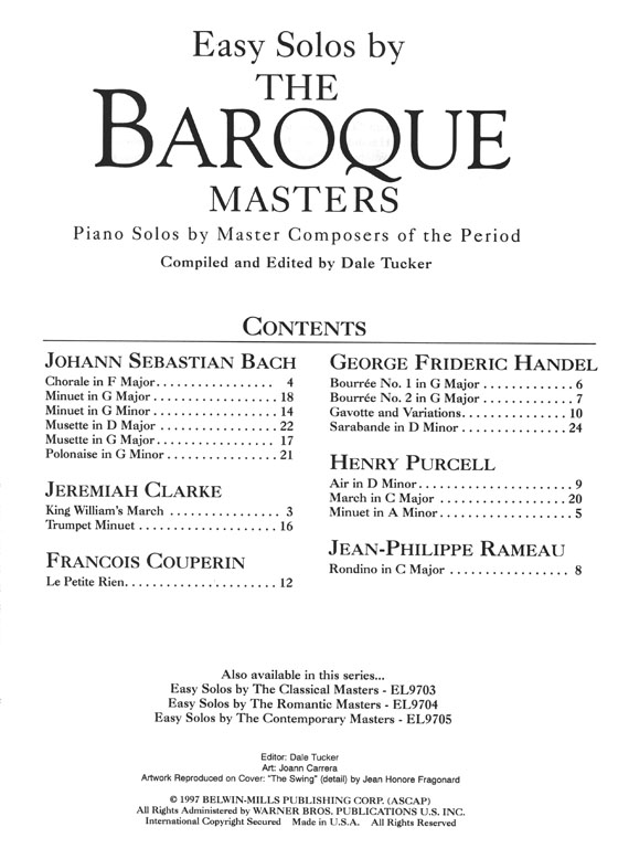 Easy Solos by The Baroque Masters Piano Solos by Master Composers of the Period