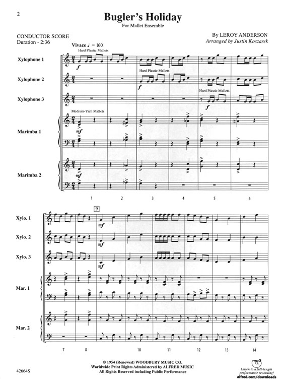 Bugler's Holiday For Mallet Ensemble By Leroy Anderson