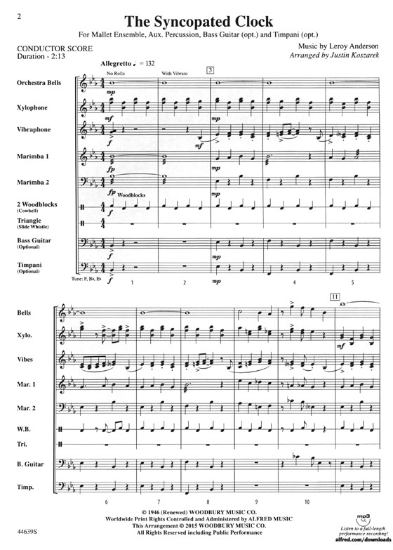 The Syncopated Clock (For Mallet Ensemble, Aux. Percussion, Optional Bass Guitar, and Optional Timpani) By Leroy Anderson