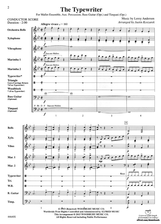 The Typewriter (For Mallet Ensemble, Aux. Percussion, Optional Bass Guitar, and Optional Timpani) By Leroy Anderson