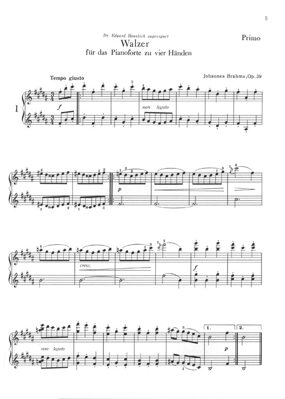 Brahms Walzer für Das Pianoforte zu vier Händen Op. 39／ブラームス ワルツ集 (連弾)