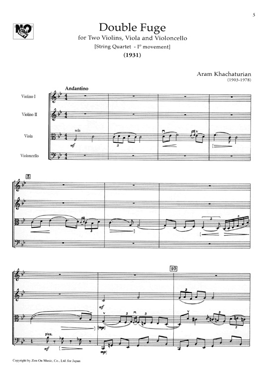 Aram Khachaturian/Double Fugue for String Quartet A.ハチャトゥリャン 弦楽四重奏のための二重フーガ Aram Khachaturian/Double Fugue for String Quartet A.ハチャトゥリャン 弦楽四重奏のための二重フーガ