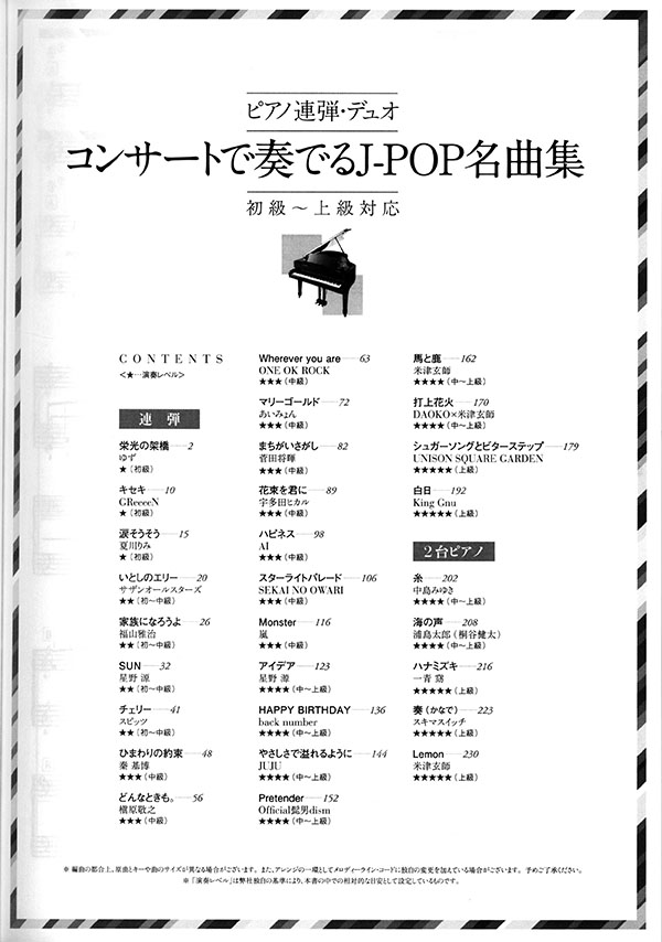 ピアノ連弾・デュオ コンサートで奏でるJ-POP名曲集[初級〜上級者対応]