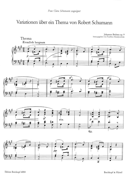 Johannes Brahms Variations on a Theme of Robert Schumann for Piano for Two Hands Op. 9